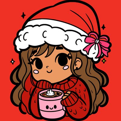 a girl with a santa hat and hot chocolate in a mug