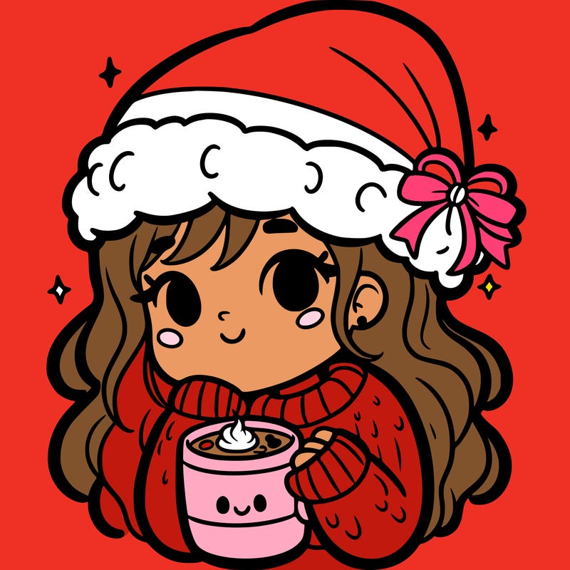 a girl with a santa hat and hot chocolate in a mug