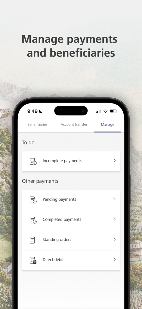 Interfaz de la aplicación LGT SmartBanking que muestra opciones para gestionar pagos y beneficiarios, incluidas transacciones pendientes y completadas