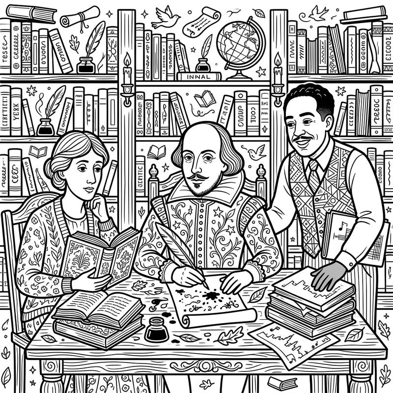 Unleash your creativity with this detailed coloring page celebrating the world's greatest literary minds. Designed specifically for teens, it features iconic authors and symbolic elements from classic literature.