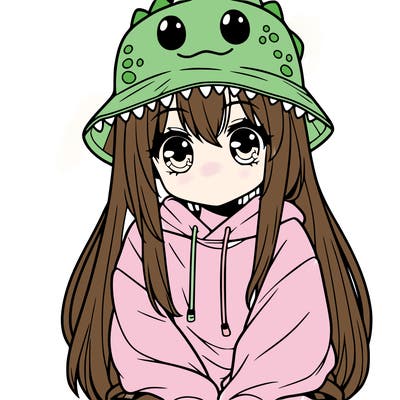 girl with anime shaped eyes with a dinosaur bucket hat oversized sweatshirt long straight hair