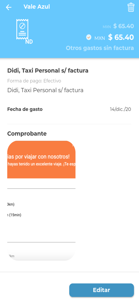 A screen in the Gastos de Viaje app displaying details of a travel expense voucher for a taxi ride paid in cash.
