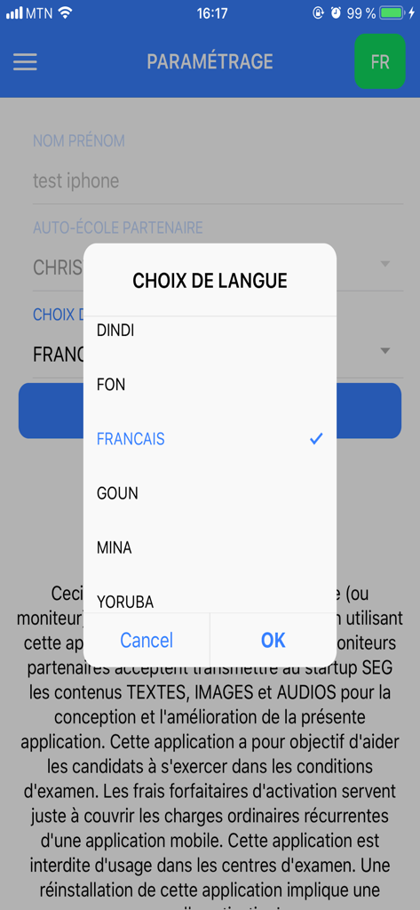 Language selection menu in the Guide Permis Benin app showing options for French and local Beninese languages