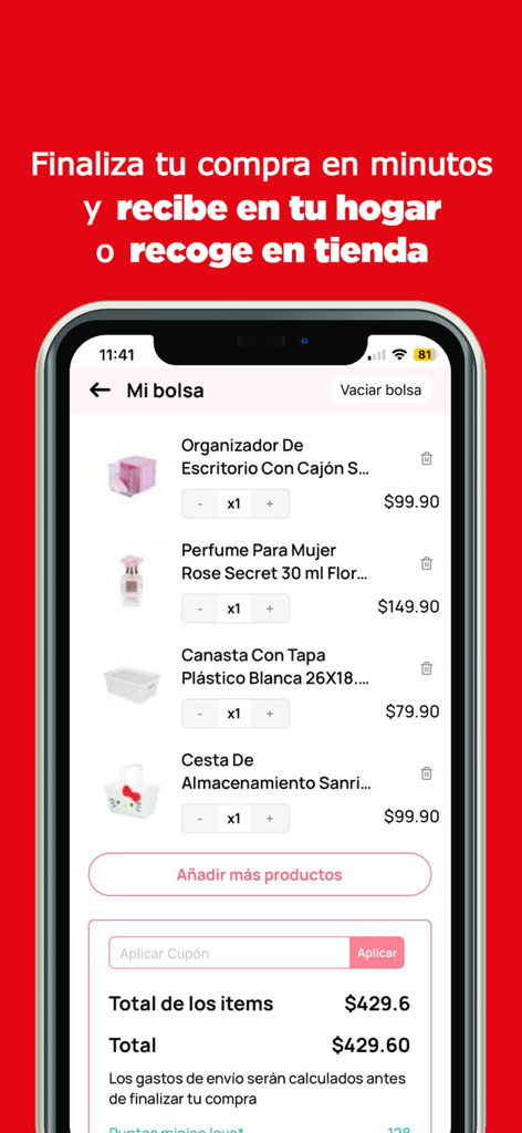 Miniso México - Interfaccia dell'app mobile che mostra un carrello con prodotti lifestyle e merchandise Sanrio nell'app Miniso Italia.