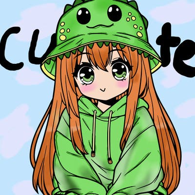 girl with anime shaped eyes with a dinosaur bucket hat oversized sweatshirt long straight hair