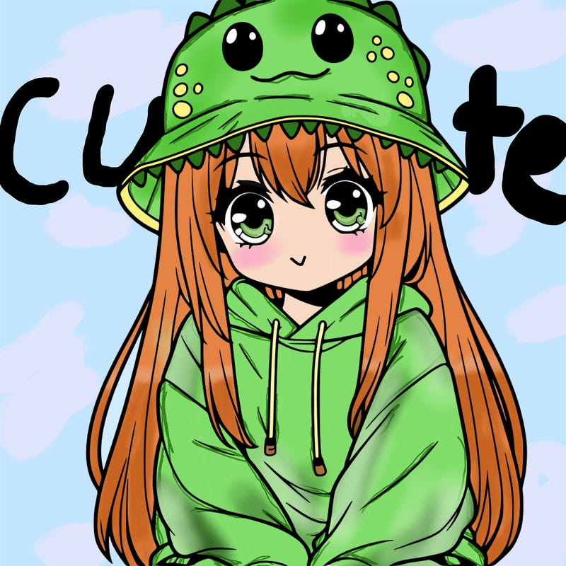 girl with anime shaped eyes with a dinosaur bucket hat oversized sweatshirt long straight hair
