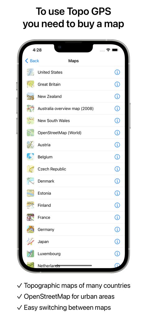 Interface showing a list of downloadable topographic maps for various countries in Topo GPS