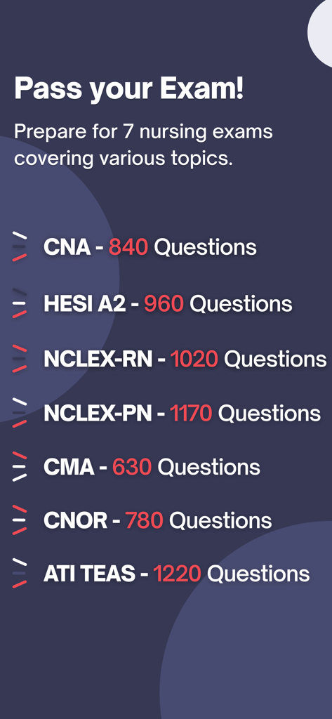 NURSING Prep 2025 - A list of nursing exams including CNA, HESI A2, NCLEX-RN, NCLEX-PN, CMA, CNOR, and ATI TEAS with their respective practice question counts.