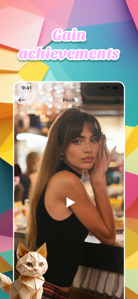 Osimo - Connect, Enjoy & Chat - Schermata del profilo utente dell'app Osimo con un gatto origami e il testo ottieni obiettivi