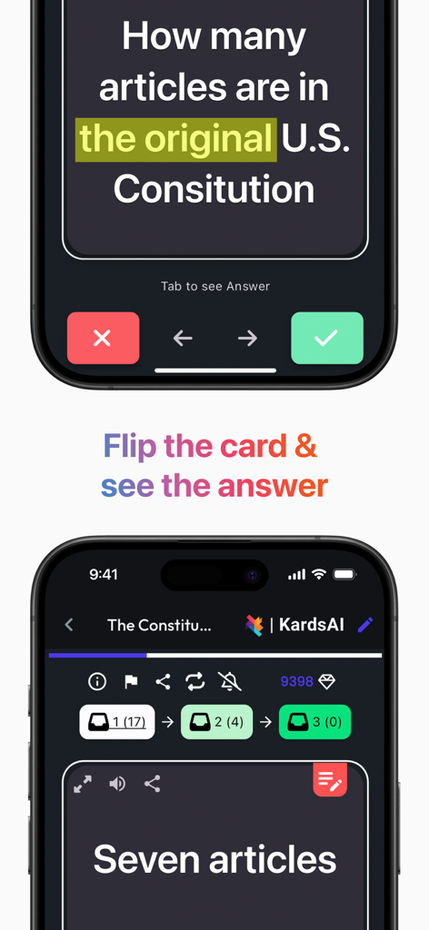 KardsAI app interface showing a flashcard question about the US Constitution and its answer after flipping.