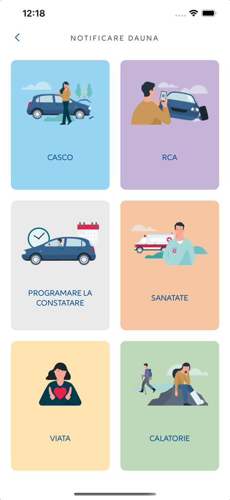 Screen for selecting insurance claim types including car health life and travel in the Allianz-Tiriac app