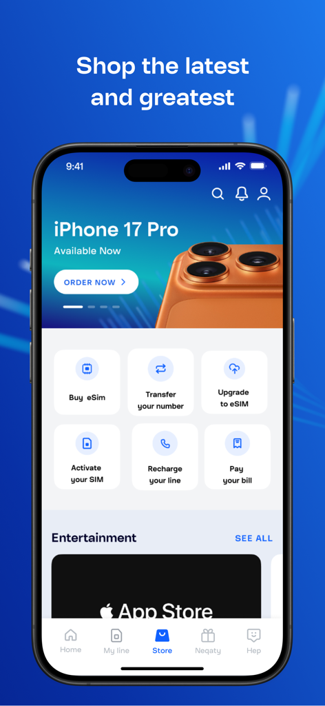 Mobily - موبايلي - Mobily app interface showing the store section with smartphone offers and quick links for eSIM and account management