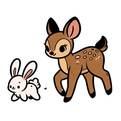 a fawn walking with a cute bunny