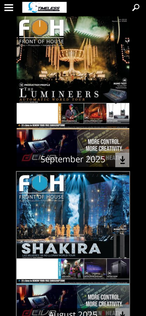 FRONT of HOUSE (FOH) Magazine - Eine Liste digitaler Monatsausgaben des FRONT of HOUSE Magazins innerhalb der mobilen Anwendung.