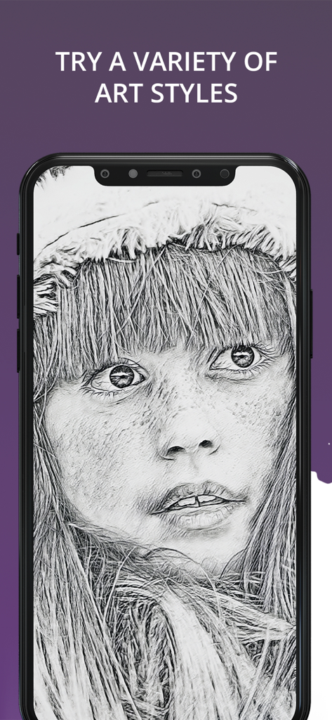 A portrait of a girl transformed into a pencil sketch using DeepArtEffects AI art styles on a smartphone screen