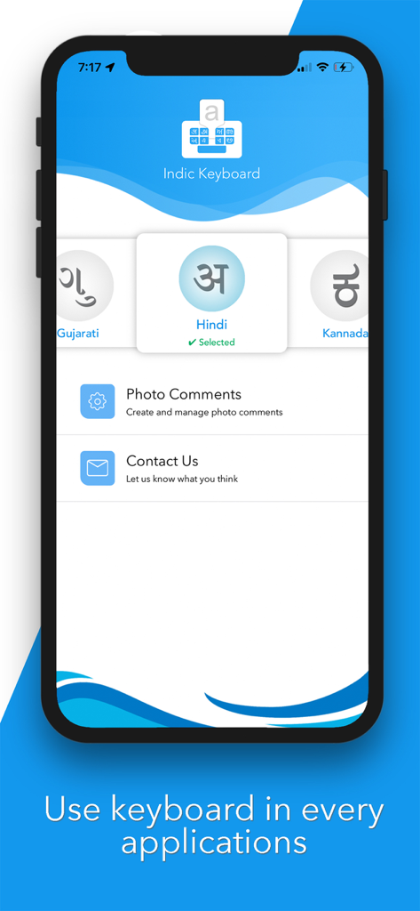 Indic Keyboard : 13 Languages - Main interface of Indic Keyboard app showing language selection options for Hindi, Gujarati, and Kannada.
