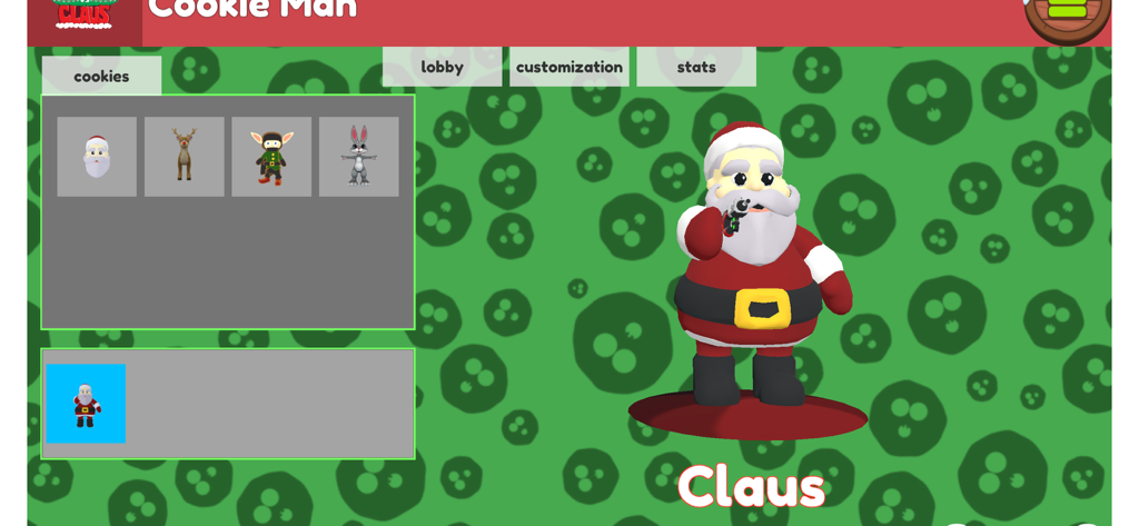 Cookies vs. Claus - Pantalla de selección de personaje de Santa Claus en el juego móvil Cookies vs Claus