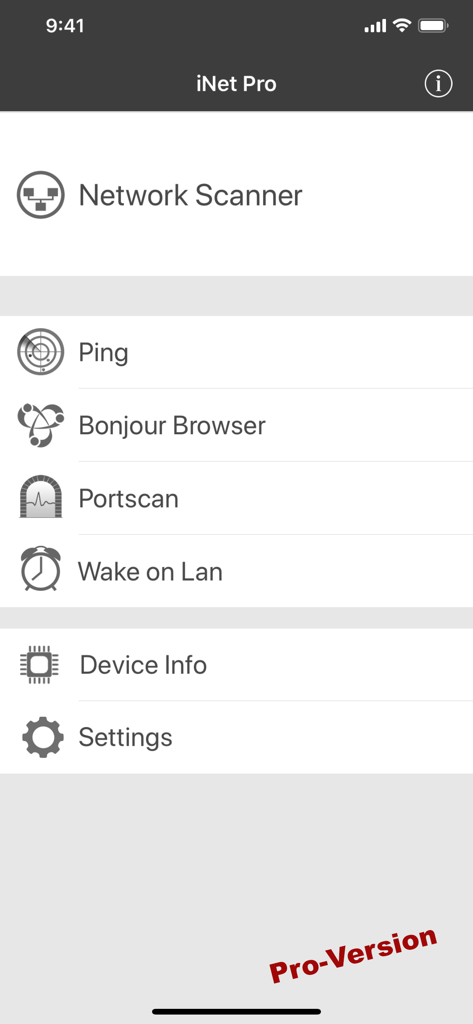 iNet - Network Scanner - Main menu screen of iNet Pro app showing tools like Network Scanner Ping and Wake on Lan