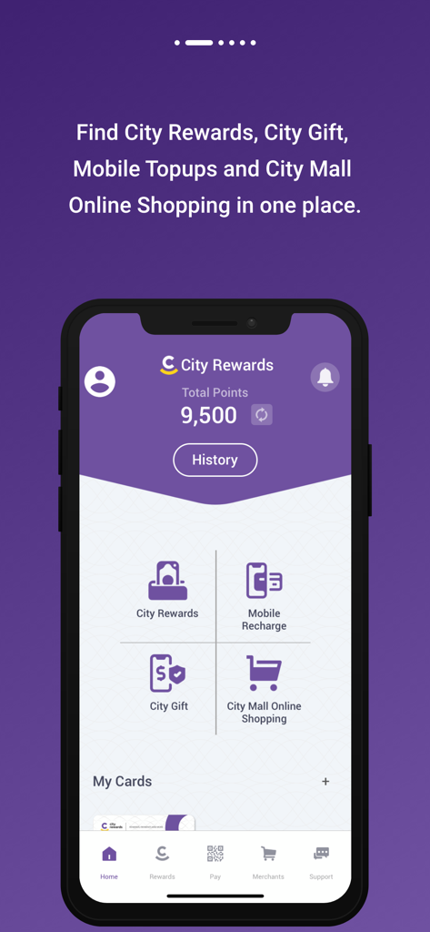 City Rewards 2.0 - City Rewards 2.0 home screen displaying total points and shopping services