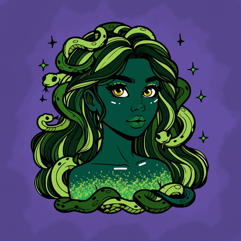 realistic girl with snakes as hair