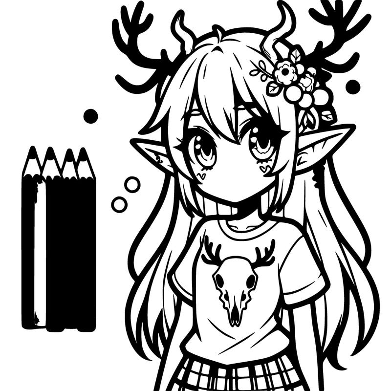 anime elf girl with dear antlers and tail wearing a tee shirt with a dear skull on it