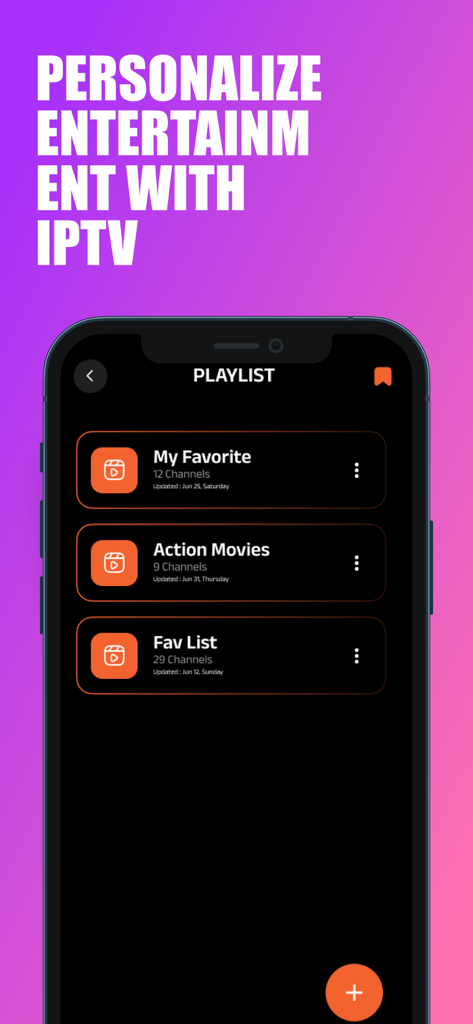 HITV PRO app screenshot showing the IPTV playlist management screen with categorized folders for movies and favorites