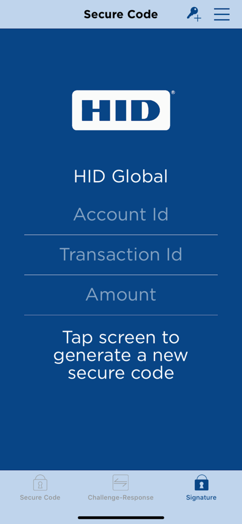 HID Approve app interface showing the secure code generation screen for transaction authentication