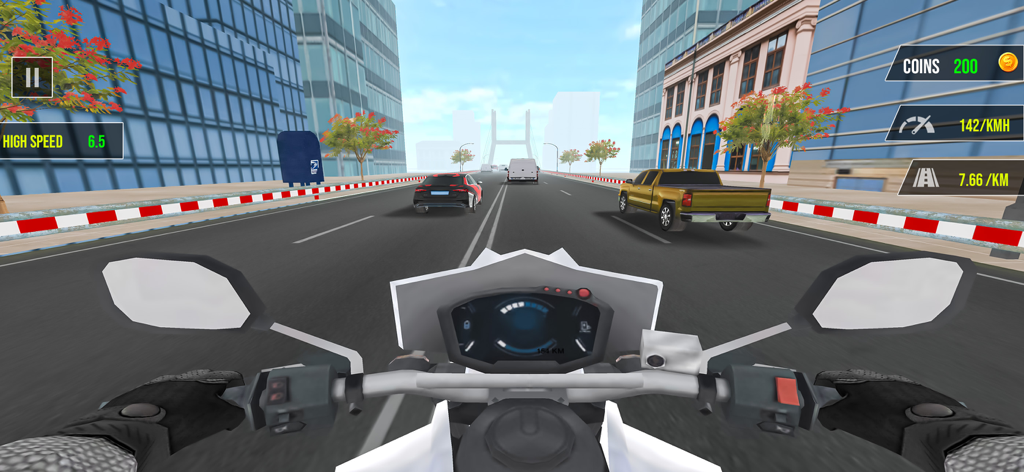 SpeedTrail3D :Moto Bike Go - First person perspective of a motorcycle racing through city traffic in SpeedTrail3D