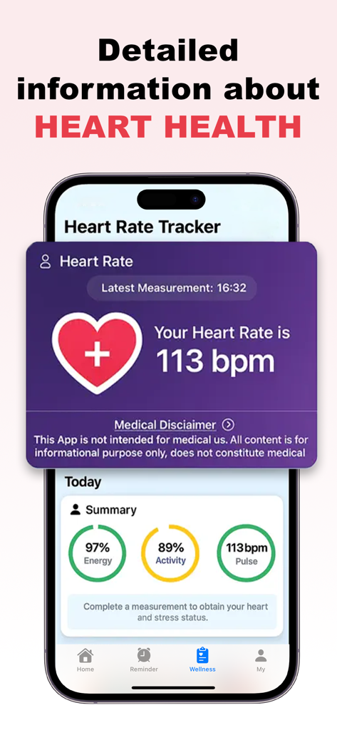 AI Pulse: Heart Rate Monitor - AI Pulse heart rate monitor app displaying a BPM measurement of 113 beats per minute and a health summary.
