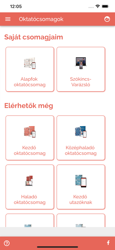 Gyakorlatias Angolアプリ画面、ハンガリー語での様々な英語学習パッケージを表示