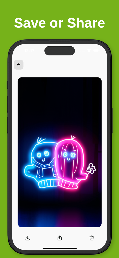 Drawing to Image - Sketch AI - Sketch AIのモバイルインターフェースで、光るネオンブルーとピンクのキャラクターデザインが表示され、保存または共有のオプションがある画面