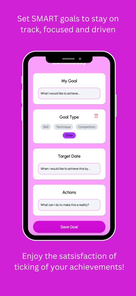 Smartphone display showing the DanceBuddy goal setting feature for dancers