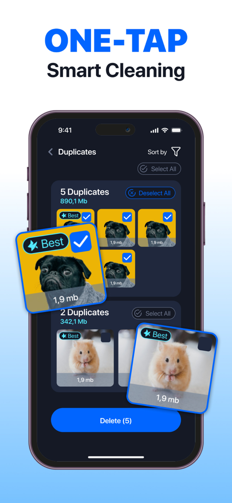 Interfaz de la aplicación Magic Cleaner mostrando la detección de fotos duplicadas y la función de limpieza inteligente con un solo toque.