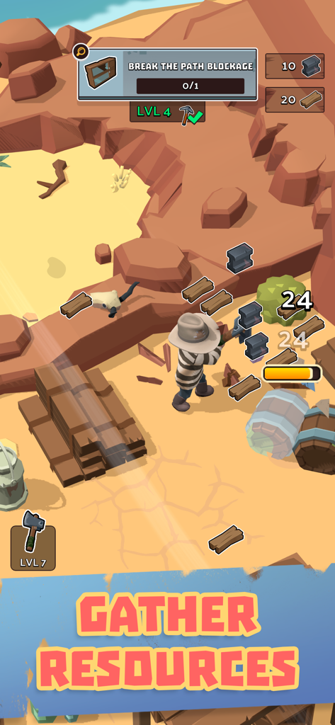 West Escape - Un personnage de cowboy collectant du bois et des ressources métalliques dans un environnement désertique dans le jeu mobile West Escape