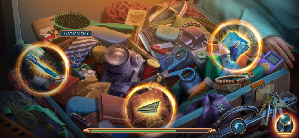 Unsolved Case: Script - A suitcase filled with items in a hidden object scene from Unsolved Case Script