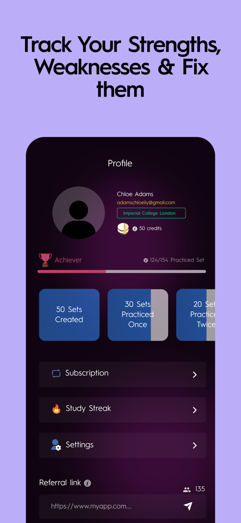 ExamCrush: AI Quiz Maker - Pantalla del perfil de usuario de la aplicación ExamCrush que muestra estadísticas de estudio y seguimiento del progreso.