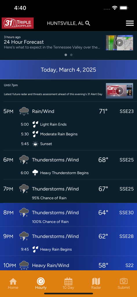 Hourly weather forecast display for Huntsville Alabama on the WAAY StormTracker mobile app showing rain and thunderstorms.