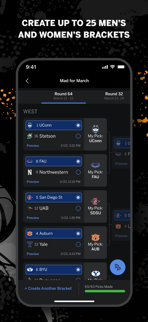 ESPN Tournament Challenge - A screenshot of the ESPN Tournament Challenge app displaying a college basketball tournament bracket with picks for the Round of 64 in the West region.