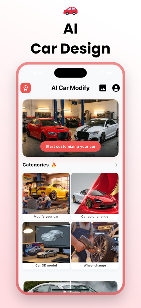 AI Car Design: Custom Maker - Benutzeroberfläche der AI Car Design App, die Anpassungskategorien wie Auto-Farbwechsel und Radwechsel zeigt