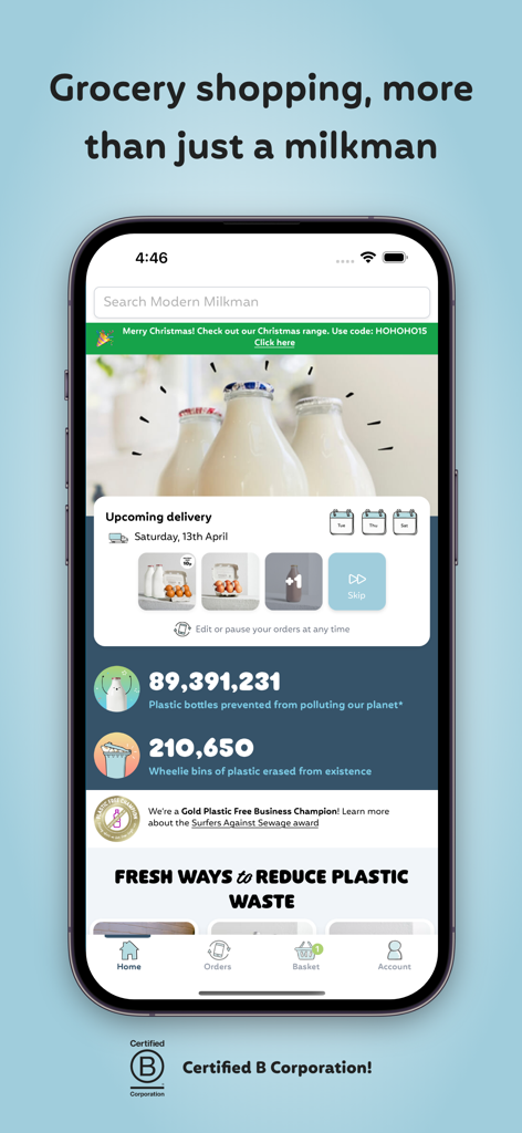 Modern Milkman app home screen showing upcoming delivery schedule and plastic savings counter.