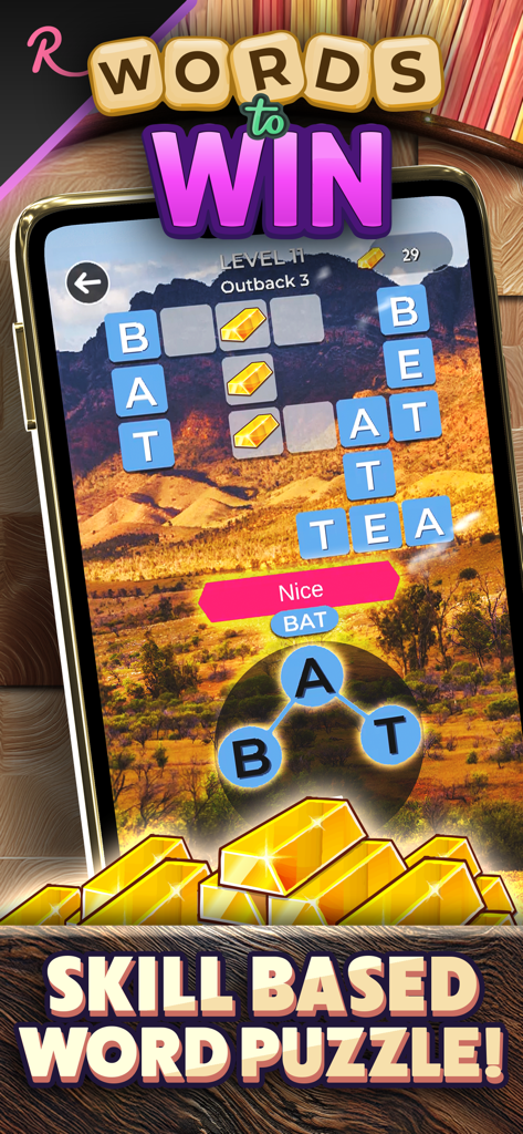 Words to Win mobile app interface showing a crossword puzzle set against an Australian outback landscape.