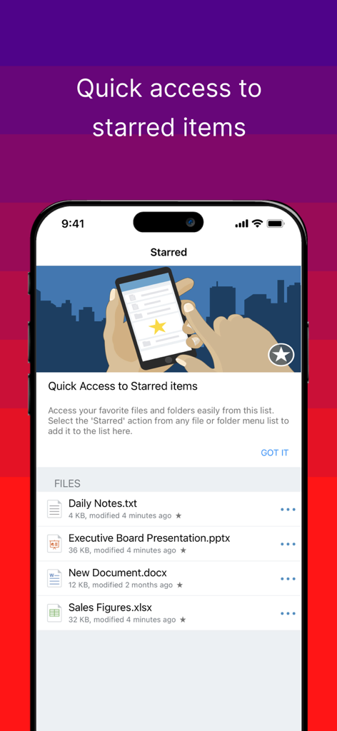 Interface showing a list of starred items for quick access in the Ivanti Docs at Work app