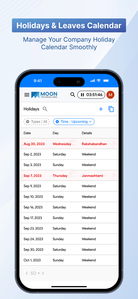 Moon HRM: HR & Employee Portal - Interfaz de la aplicación móvil Moon HRM que muestra una lista del calendario de festivos y ausencias de la empresa.