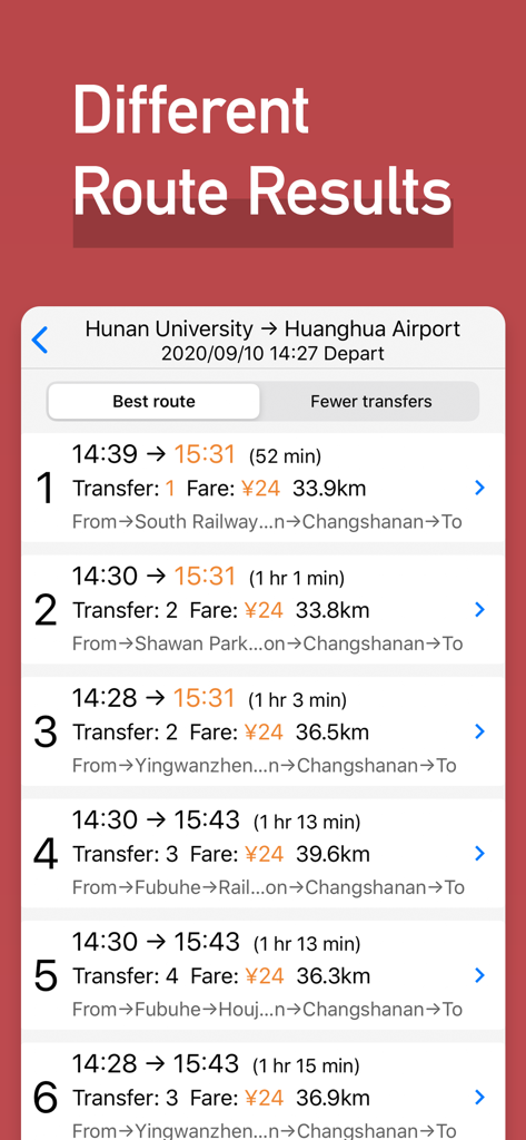 MetroMan Changsha - Captura de pantalla de la aplicación MetroMan Changsha mostrando diferentes opciones de rutas de metro con tiempos de viaje y tarifas