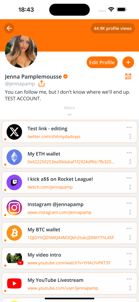 AllMyLinks - AllMyLinks app interface displaying a creator profile with links to social media platforms and crypto wallets.