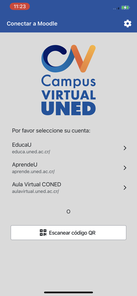 Pantalla de inicio de sesión de Campus Virtual UNED con opciones para seleccionar EducaU AprendeU o escanear un código QR