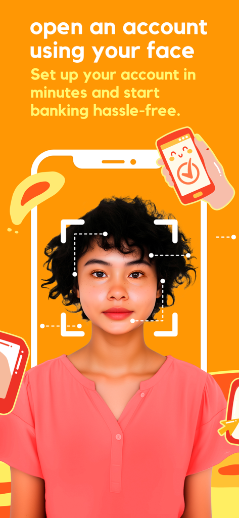 A woman using face recognition to open a HelloMoney bank account in minutes
