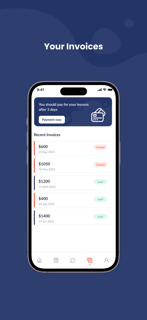 Noor institute - Captura de pantalla de la sección de facturas en la aplicación del Instituto Noor que muestra el historial y el estado de los pagos