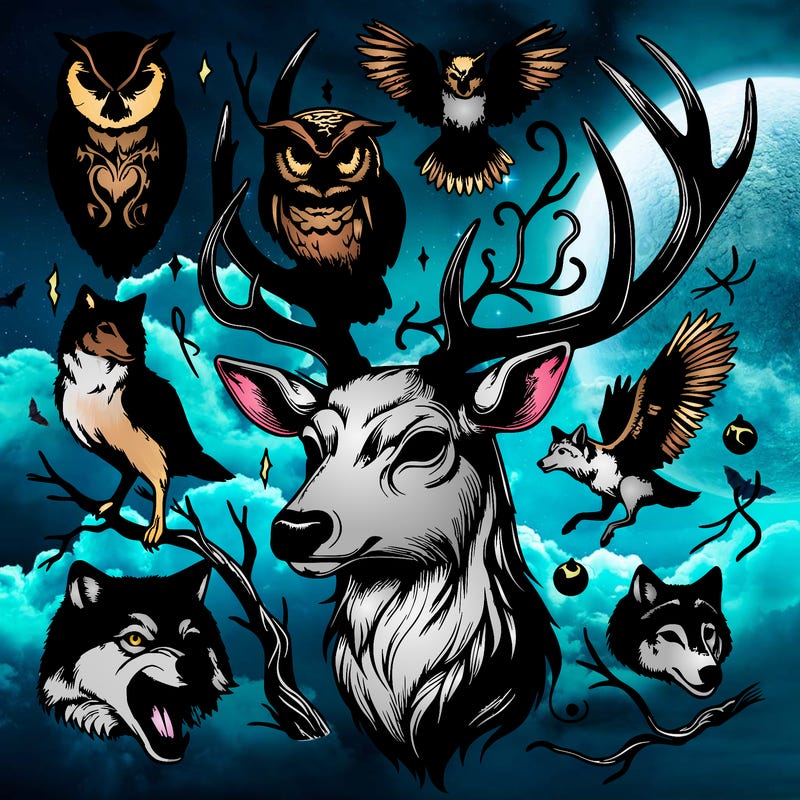 realistic magical deer with horns with an owl and birds on its horns. and surrounded by snarling wolves.