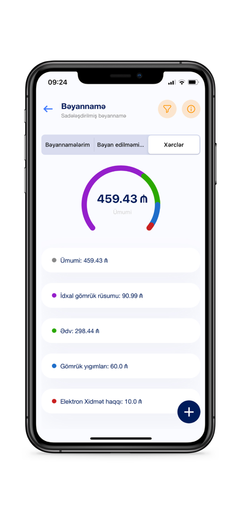 Smart Customs app screen showing a detailed breakdown of import duties, VAT, and service fees in Azerbaijani Manat.